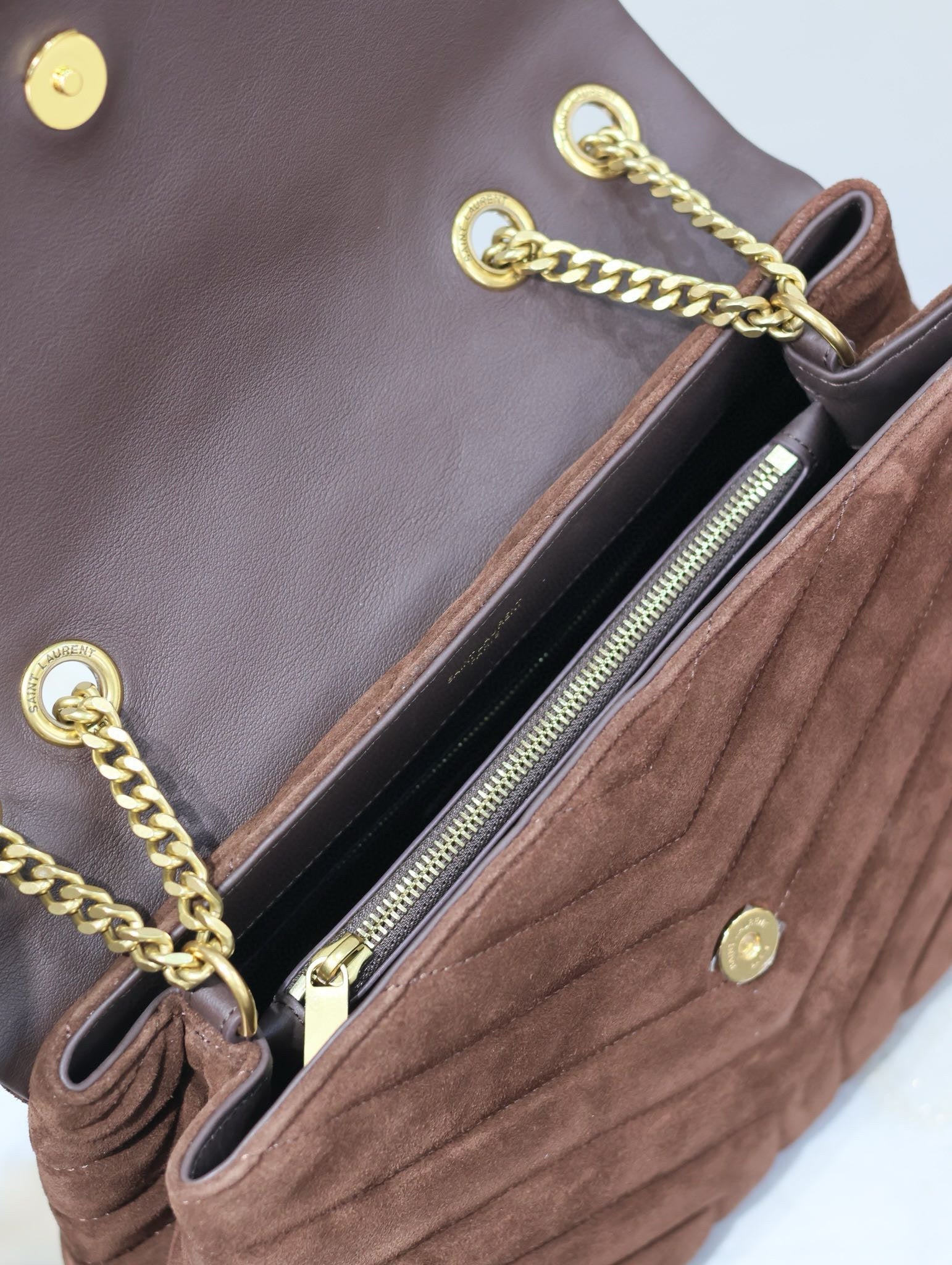 LOULOU 32 IN BROWN SUEDE CALFSKIN GOLD HARDWARE