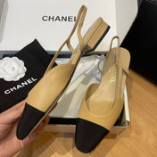 SLINGBACKS IN BEIGE LAMBSKIN AND BLACK SATIN