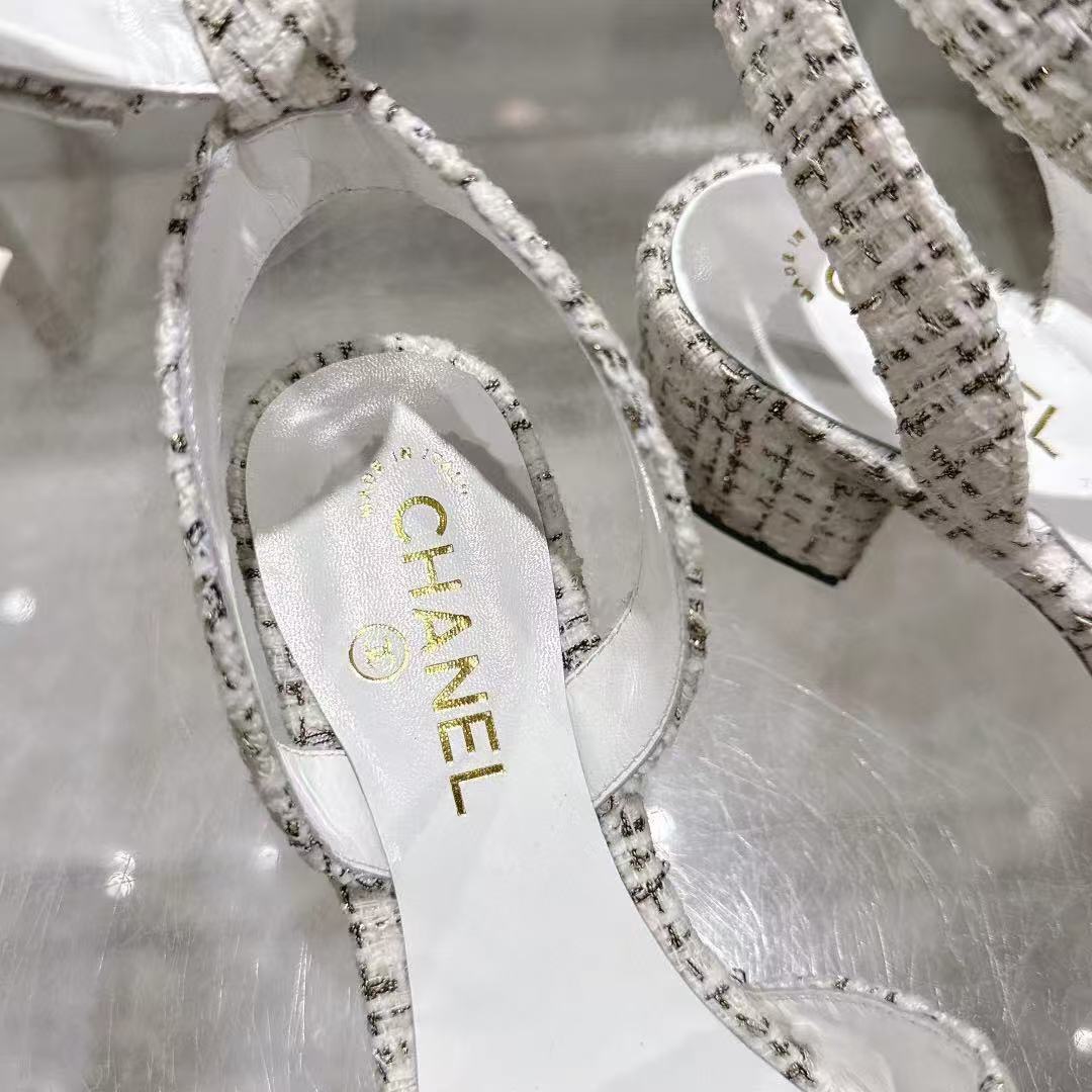 CC HIGH-HEELED SANDALS IN BLACK AND WHITE TWEED