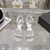 CC HIGH-HEELED SANDALS IN BLACK AND WHITE TWEED