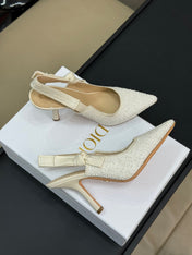 J'ADIOR POINTED TOE SLINGBACK PUMPS IN WHITE BEADED FABRIC