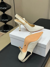 J'ADIOR POINTED TOE SLINGBACK PUMPS IN WHITE BEADED FABRIC