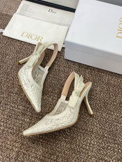 J'ADIOR SLINGBACK PUMPS IN IVORY WHITE EMBROIDERED LACE