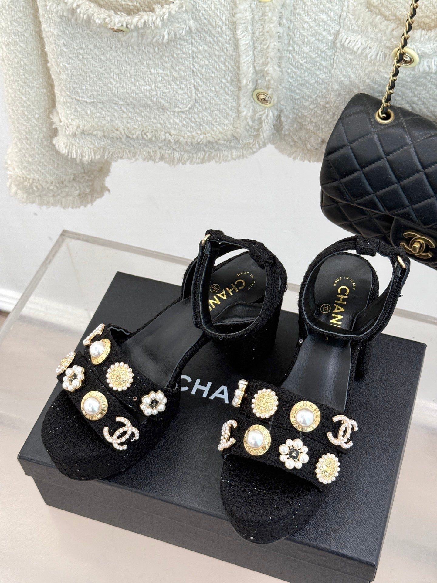 CC HIGH HEELS IN BLACK TWEED WITH PEARL AND CRYSTAL EMBELLISHMENTS