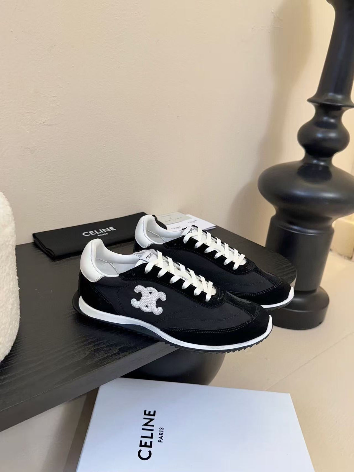 CELINE TRAINRES IN BLACK MIX WHITE SUEDE AND FABRIC