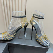 YSL HIGH HEEL CHAIN SANDALS IN BLACK CALFSKIN AND METAL