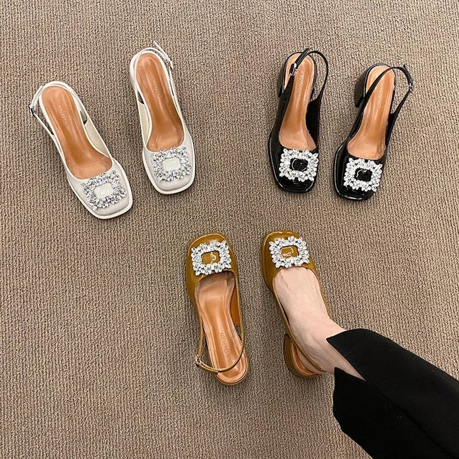 Spring Autumn Square Toe Crystal Mary Jane Low Heels