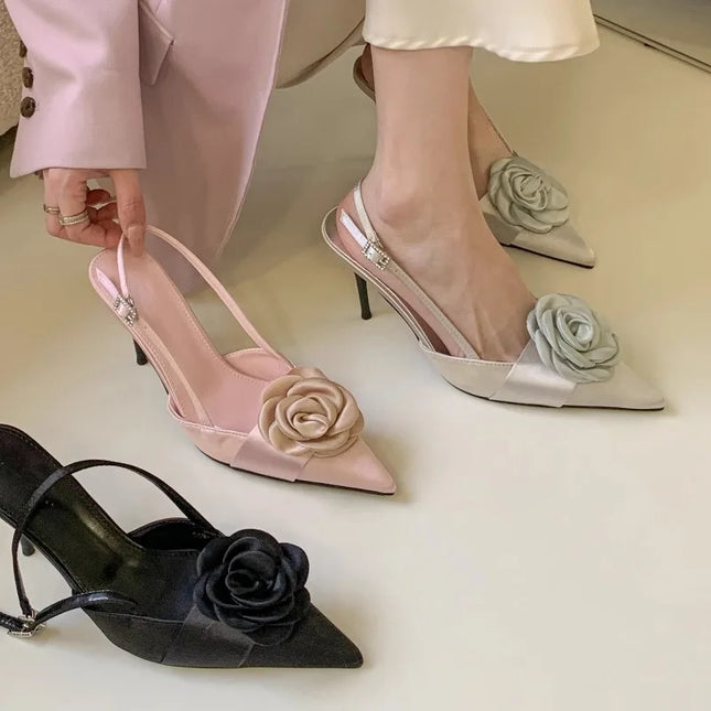 Floral Pointed Toe High Heels - Elegant Party Slides