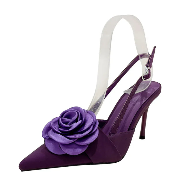 Silk Floral Slingback Pumps - Pointed Toe High Heels