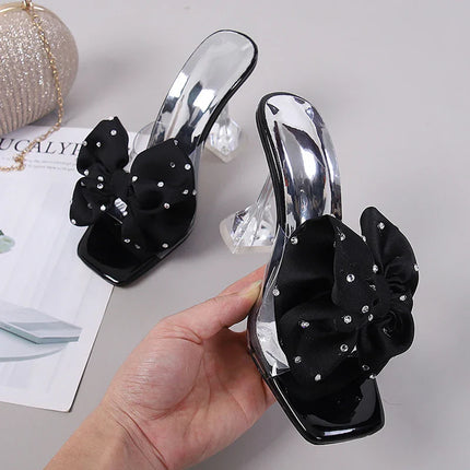 Crystal Bow PVC Transparent Heels - Open Toe Slides