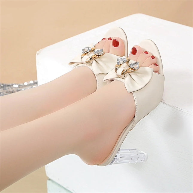 Crystal Bow Open Toe High Heel Slippers - Summer Fashion Sandals