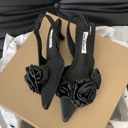 Satin Floral Slingback Stilettos - Pointed Toe Party Heels