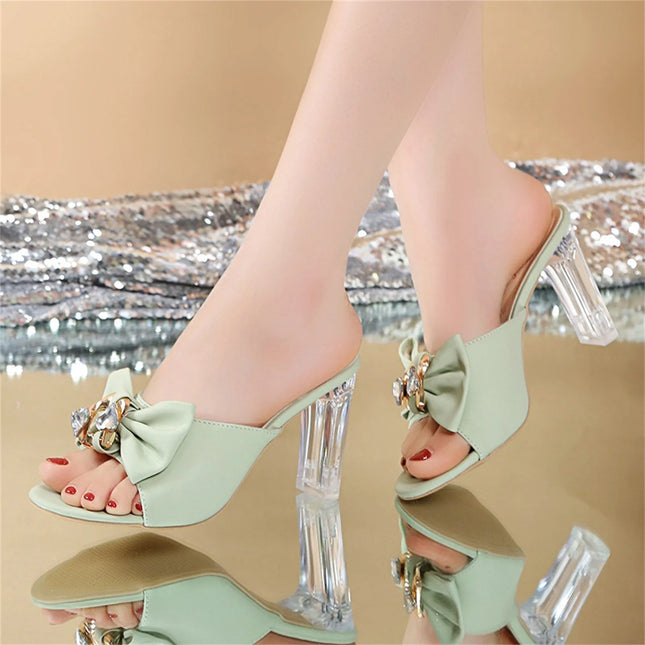 Crystal Bow Open Toe High Heel Slippers - Summer Fashion Sandals