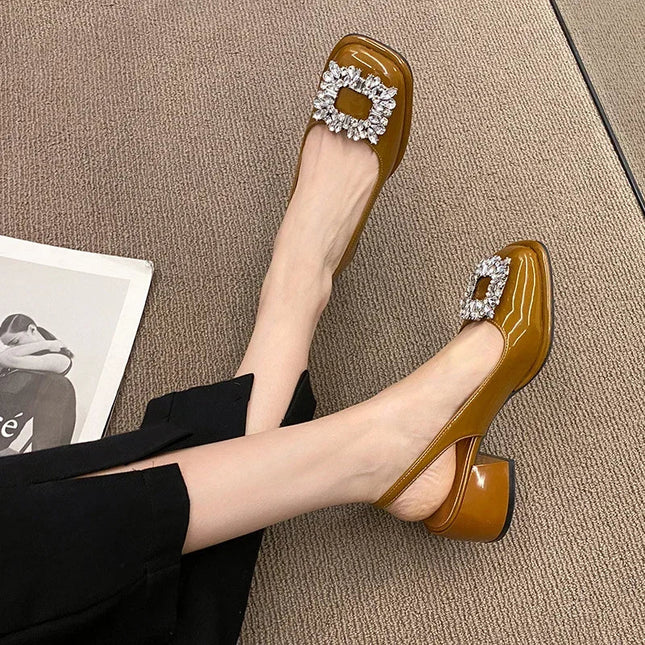 Spring Autumn Square Toe Crystal Mary Jane Low Heels