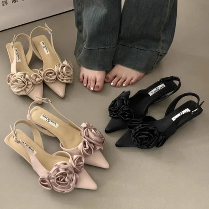 Satin Floral Slingback Stilettos - Pointed Toe Party Heels