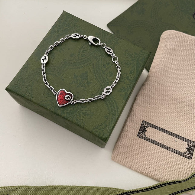 GG HEART AGED FINISH STERLING SILVER RED ENAMEL BRACELET