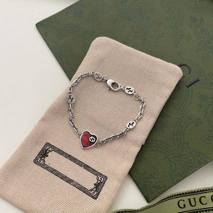 GG HEART AGED FINISH STERLING SILVER RED ENAMEL BRACELET