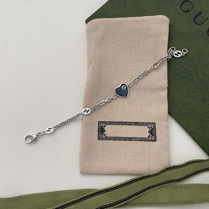 GG HEART AGED FINISH STERLING SILVER BLUE ENAMEL BRACELET