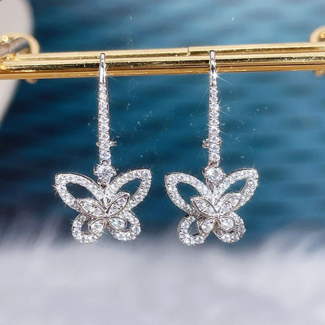 DOUBLE BUTTERFLY SILHOUETTE SILVER DIAMOND EARRINGS