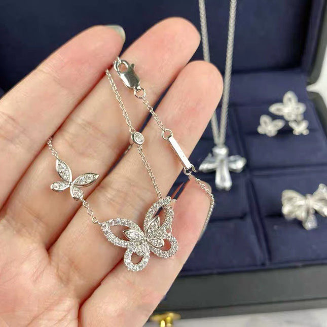 DOUBLE BUTTERFLY SILHOUETTE SILVER DIAMOND NECKLACE