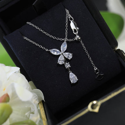 BUTTERFLY PEAR SHAPE CLASSIC SILVER DIAMOND DROP NECKLACE