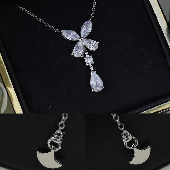 BUTTERFLY PEAR SHAPE CLASSIC SILVER DIAMOND DROP NECKLACE