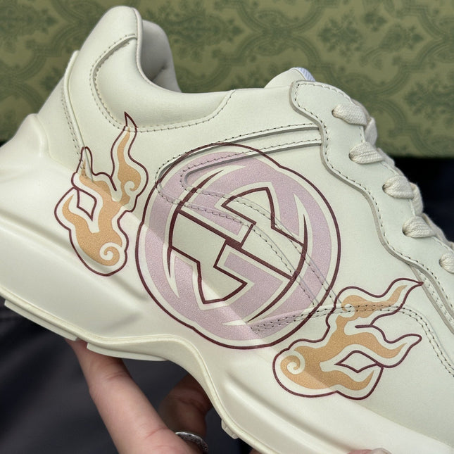 GG RHYTON LEATHER SNEAKERS WITH PINK LOGO