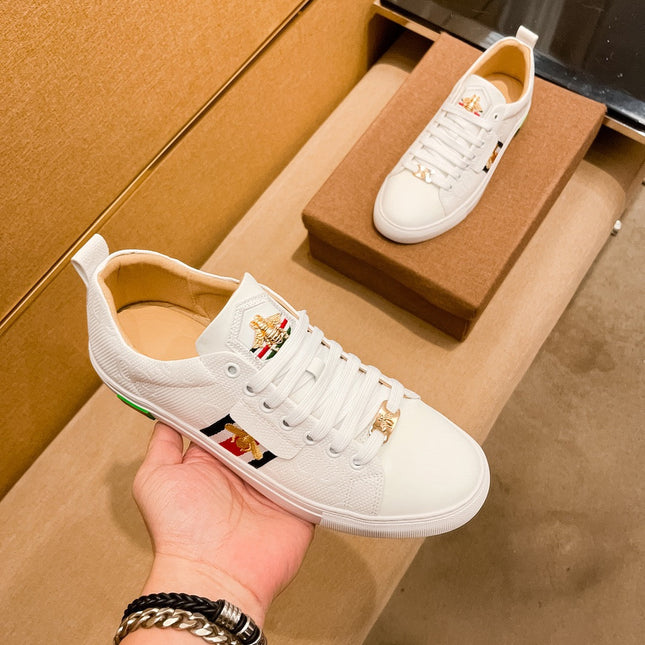 GG ACE EMBROIDERED BEE WHITE LEATHER