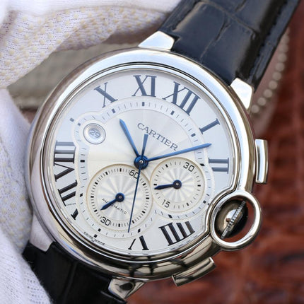 BALLON BLEU 42 CHRONOGRAPH STEEL SILVER DIAL LEATHER BRACELET