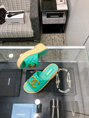 THICK SOLE WEDGE SLIPPERS IN PERSIAN GREEN LAMBSKIN AND BEIGE RUBBER