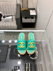 THICK SOLE WEDGE SLIPPERS IN PERSIAN GREEN LAMBSKIN AND BEIGE RUBBER