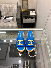 THICK SOLE WEDGE SLIPPERS IN COBALT BLUE LAMBSKIN AND BEIGE RUBBER