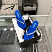 THONG SLIDE IN COBALT BLUE SUEDE WITH WHITE CRYSTALS