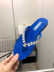 THONG SLIDE IN COBALT BLUE SUEDE WITH WHITE CRYSTALS