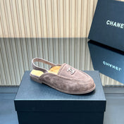 CHANEL 25S BACK STRAP MULE 15MM IN TAUPE GRAY SUEDE SILVER HARDWARE