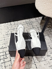 SLINGBACK 25S IN WHITE FABRIC AND BLACK CALFSKIN CANVAS