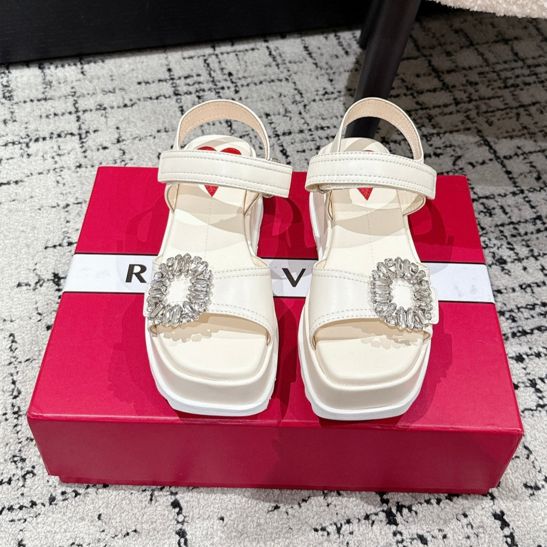 ROGER VIVIER 25S SLIDY VIV' WEDGE SANDALS 70 MM IN IVORY CALFSKIN EMBELLISHED CRYSTALS