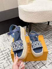 LV PLATFORM ESPADRILLE SANDALS 25S IN DARK BLUE FABRIC