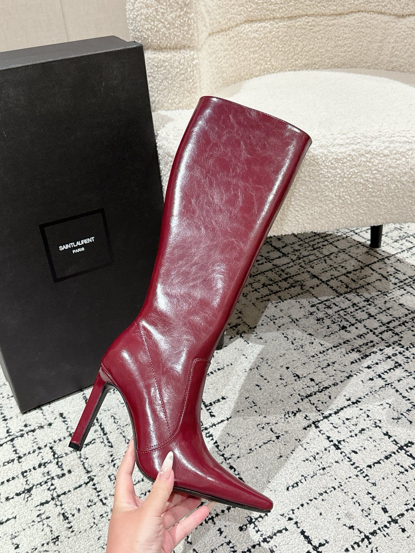 YSL 25S PLATFORM KNEE-HIGH BOOTS 70 MM IN WINE RED LAMBSKIN