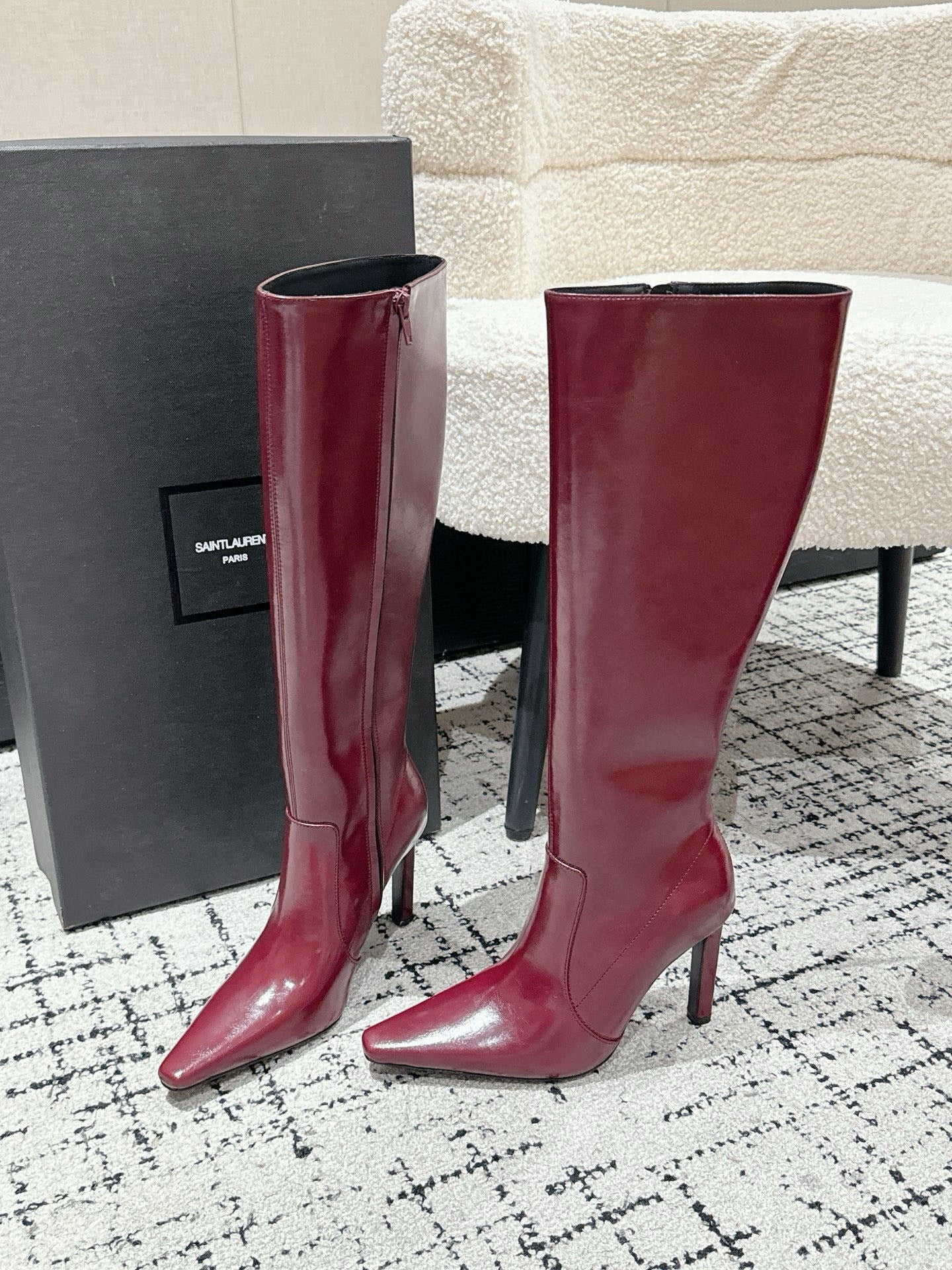 YSL 25S PLATFORM KNEE-HIGH BOOTS 70 MM IN WINE RED LAMBSKIN