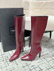 YSL 25S PLATFORM KNEE-HIGH BOOTS 70 MM IN WINE RED LAMBSKIN
