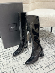YSL 25S PLATFORM KNEE-HIGH BOOTS 70 MM IN BLACK GLOSSY LAMBSKIN
