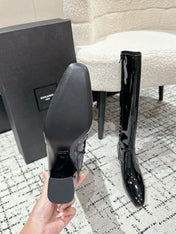 YSL 25S PLATFORM KNEE-HIGH BOOTS 70 MM IN BLACK GLOSSY LAMBSKIN