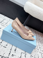 PRADA 26S POINTED-TOE HIGH HEELS 60MM IN BEIGE PATENT CALFSKIN WITH LOGO