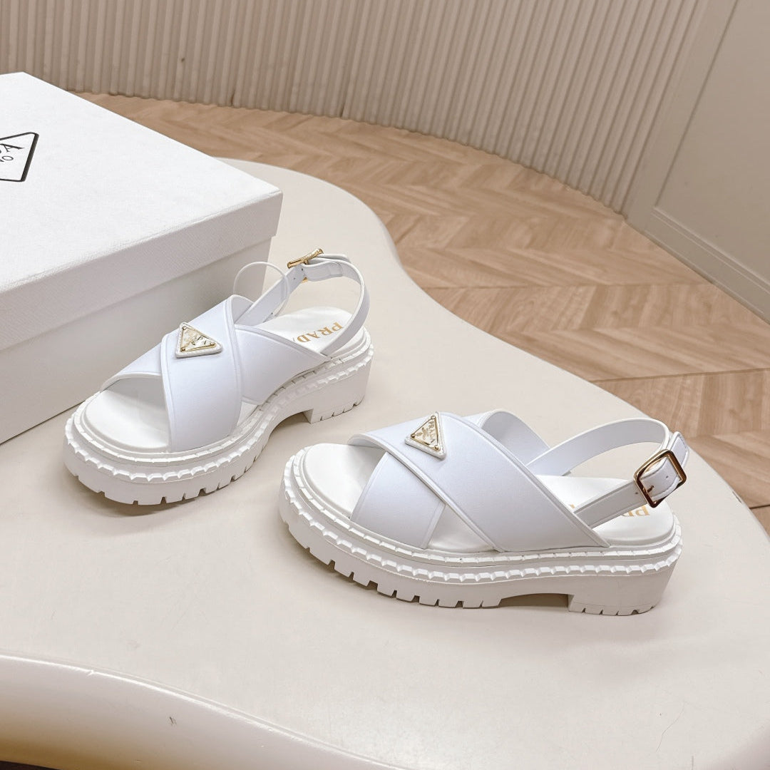 PRADA 25S SANDALS IN WHITE CALFSKIN LOGO GOLD HARDWARE