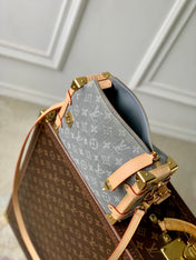 SIDE TRUNK 23.5 IN GREY MONOGRAM DENIM LIGHT BROWN CALFSKIN
