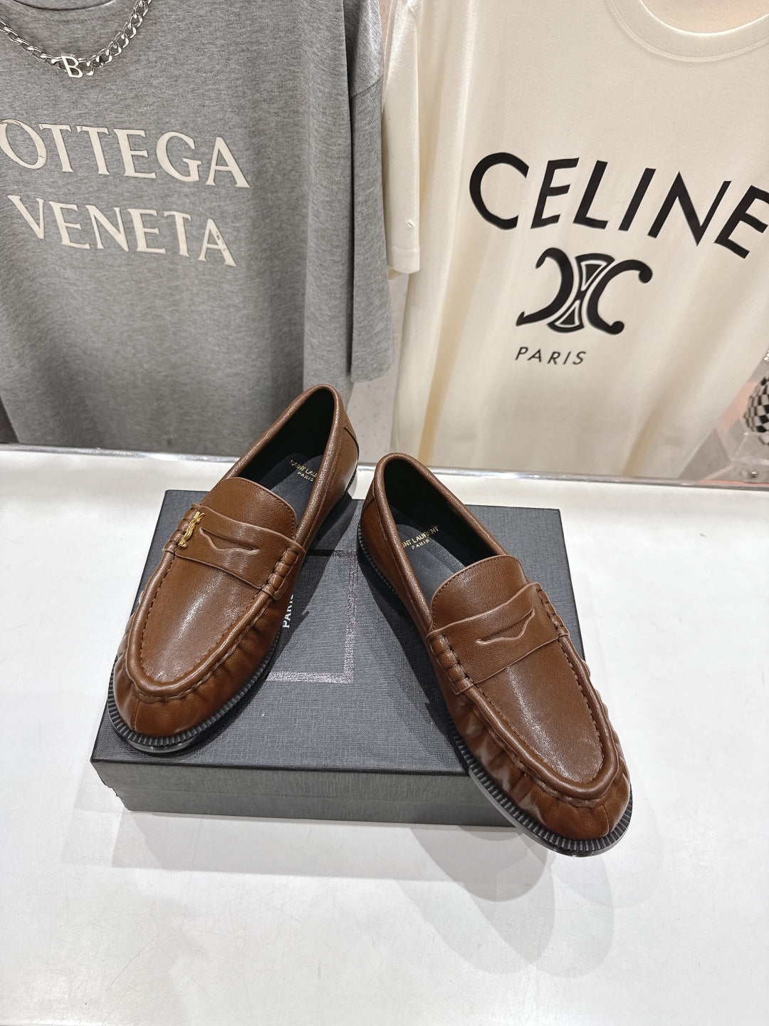 YSL 25S LOAFERS IN COFFEE BROWN LAMBSKIN WITH GOLD HARDWARE