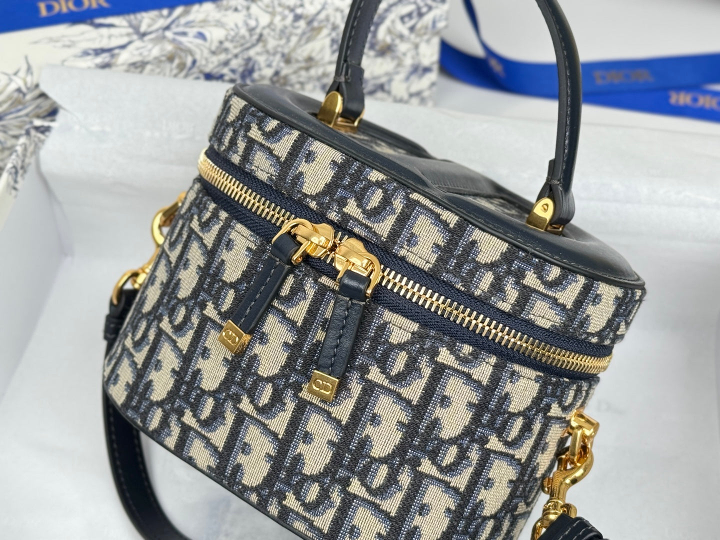 DIOR 25S CD SIGNATURE VANITY 16 IN BLUE DIOR OBLIQUE JACQUARD CANVAS