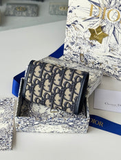 DIOR 25S CARO CARD HOLDER 11 IN BLUE CALFSKIN AND CANVAS GOLD HARDWARE