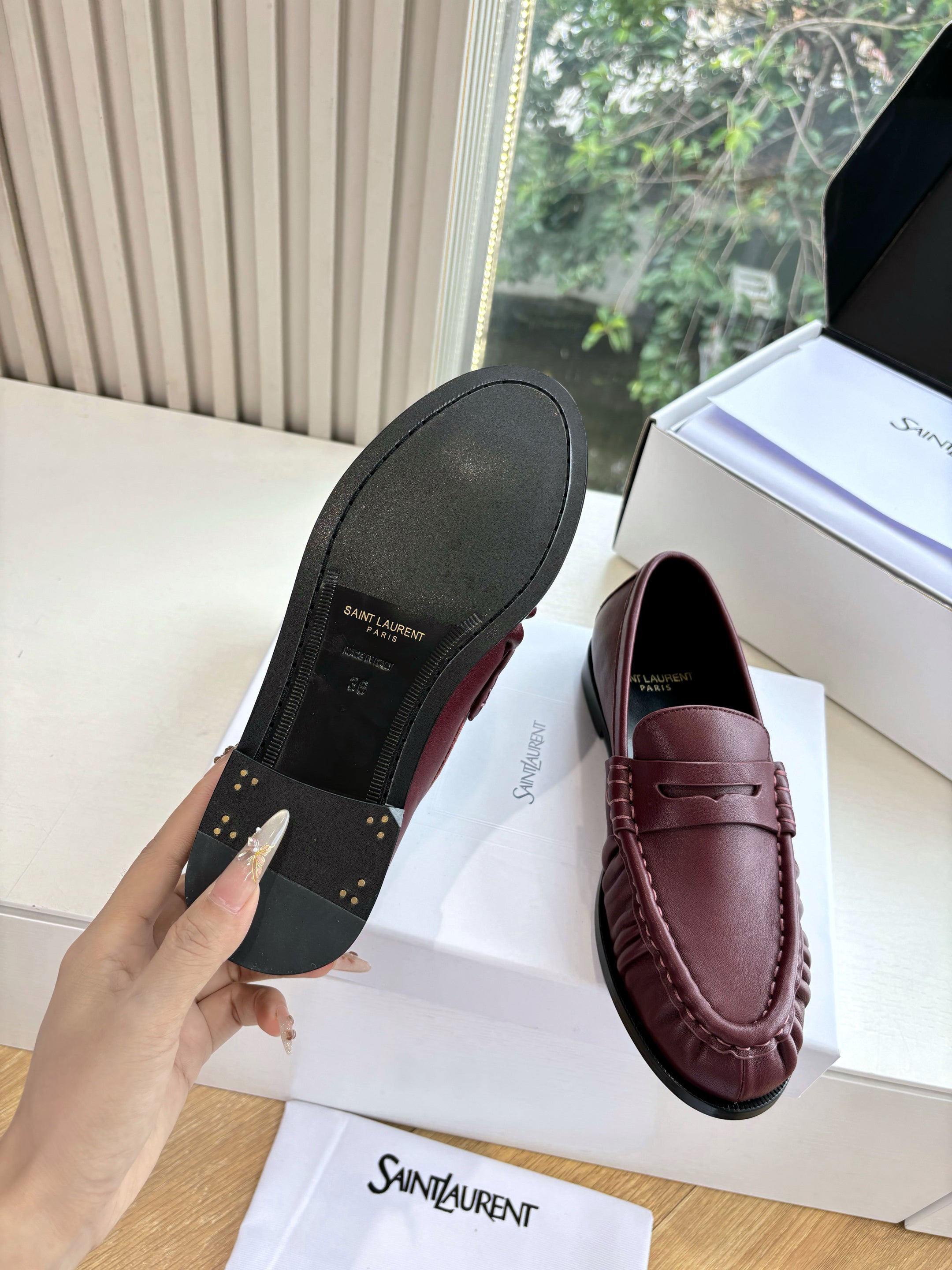 YSL 25S LOAFERS IN DARK RED LAMBSKIN